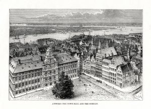 Prefeitura e rio Schelde, Antuérpia, Bélgica, 1879