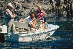 Um pescador, registando em filme a sua captura, pesca um salmão na enseada de Bute. de Ted Spiegel
