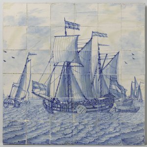 Tabuleiro em mosaico com uma paisagem marítima de Tegelbakkerij aan de Delftschevaart