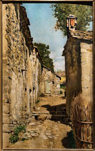 Edifício da Fazenda em Settignano, c.1862 (óleo sobre tela aplicado em painel) de Telemaco Signorini