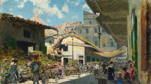 Mercado Velho, c.1882-84 (óleo sobre cartão) de Telemaco Signorini