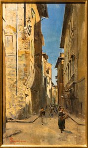 Vista Parcial de uma Rua no Centro Histórico de Florença, c.1880 (óleo sobre painel) de Telemaco Signorini