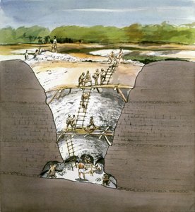 Seção de corte através de túmulos de Grime, Neolithic Flint Mine, Norfolk, 1987.