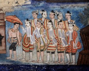 Um grupo de tailandeses yai (Shan) homens, detalhe dos murais de Viharn laikam retratando os contos de Sang Thong (mural) de Thai School