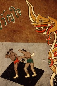 Decoração em um carrinho de boi retratando Muay Thai (pintura em madeira)