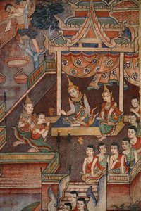 Detalhe de um mural no laikam Viharn em Wat Phra Singh de Thai School