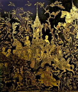 Detalhe de uma tela, mostrando um episódio da lenda Inao (gold & laquer) de Thai School