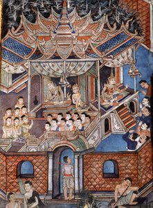 Detalhe dos murais de Viharn laikam retratando os contos de Sang Thong (mural) de Thai School