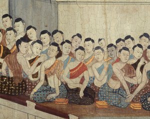 Grupo de mulheres com trajes e cabelos curtos típicos do quarto reinado (pintura mural) de Thai School