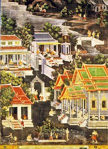 Vida dos Monges, Wirharn Sasada, Wat Bowonniwet Vihara, Banguecoque (fresco) de Thai School