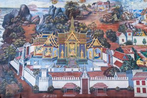 Cenas murais representando o Ramayana em Wat Phra Kaeo, o Grande Palácio Real, Banguecoque, Tailândia