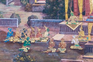 Cenas murais representando o Ramayana em Wat Phra Kaeo, o Grande Palácio Real, Banguecoque, Tailândia de Thai School