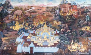 Cenas murais representando o Ramayana em Wat Phra Kaeo, o Grande Palácio Real, Banguecoque, Tailândia de Thai School