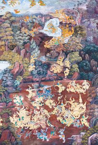 Cenas murais representando o Ramayana em Wat Phra Kaeo, o Grande Palácio Real, Banguecoque, Tailândia de Thai School