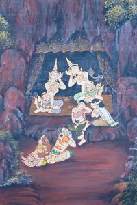 Cenas murais representando o Ramayana em Wat Phra Kaeo, o Grande Palácio Real, Banguecoque, Tailândia de Thai School