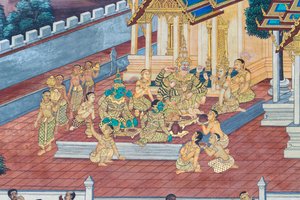 Cenas murais representando o Ramayana em Wat Phra Kaeo, o Grande Palácio Real, Banguecoque, Tailândia de Thai School