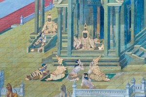 Cenas murais representando o Ramayana em Wat Phra Kaeo, o Grande Palácio Real, Banguecoque, Tailândia de Thai School