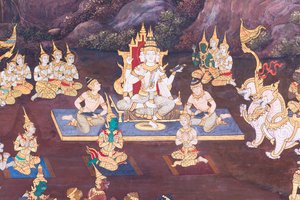Cenas murais representando o Ramayana em Wat Phra Kaeo, o Grande Palácio Real, Banguecoque, Tailândia de Thai School