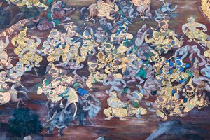 Cenas murais representando o Ramayana em Wat Phra Kaeo, o Grande Palácio Real, Banguecoque, Tailândia de Thai School