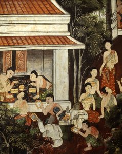 Senhoras do palácio comprar jóias e espelhos de comerciantes muçulmanos, estilo Rattanakosin (pintura de parede) de Thai School