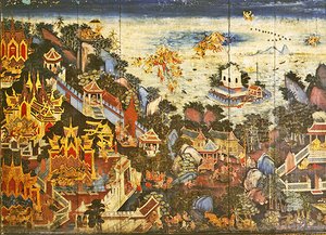 Painel traseiro de um guarda-roupa retratando uma cena do Ramakien (óleo sobre painel) de Thai School