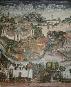 Cidade de Phitsanulok e fonte com estátuas do Buda, Wat Bowonniwet Vihara, Bangkok de Thai School