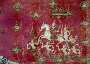 Budismo: "Cena da vida de Buda: a Grande Partida" Detalhe de um quadro em tela da Tailândia. Sol 1,4x0,9 m Paris, Musee Guimet, Musee national des Arts Asians de Thai Thai