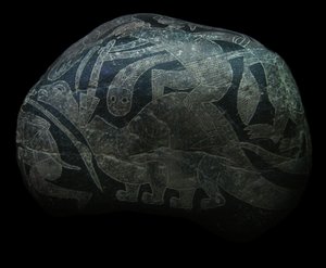 A pedra ica. Um homem matando um dinossauro. de The Ica stones.