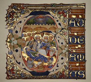 Marlay Cutting IT.18 Dormition of the Virgin, de um gradual de Santa Mattia em Murano, Veneza, c.1450 (folha de ouro e tempera em pergaminho) de The Master of the Murano Gradual