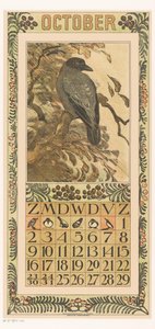 Página do calendário de outubro com corvo colorido Calendário 1910 12 litografias de Th. v. Hoytema (título da série)