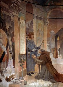O Rei Luís IX (Saint Louis) (1214-1270) apresenta a Carta de Fundação do Colégio de Sorbonne a Robert de Sorbonne (1201-1274) seu confessor em 1257 Pintura por Theobald Chartran (1849-1907) Paris, La Sorbonne