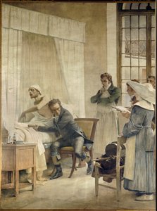 Rene Laennec a auditar um Phtic em frente dos seus alunos. Rene-Theophile-Hyacinthe Laennec (1781-1826), médica francesa, inventora do "pectoriloque" ou estetoscópio. Fresco