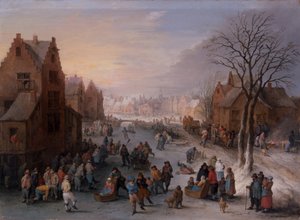 Uma Wintertownscape com numerosas figuras