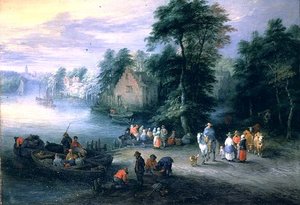 Paisagem arborizada de rios com figuras e gado