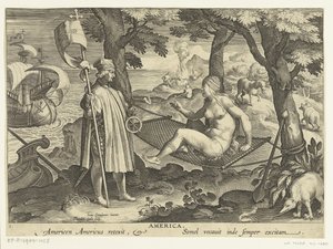 Américo Vespúcio pisa na América América. Americas Americas retexit. Semel vocauit inde sempre excitam (título no objeto) Novas invenções e descobertas (título da série) Nova Reperta (título da série)