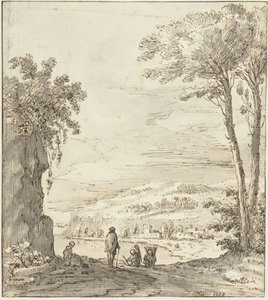 Paisagem fluvial italiana com caminhantes à beira de uma rocha de Theodoor Wilkens