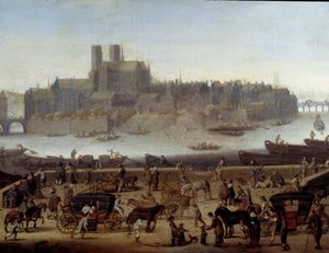 Le quai et le pont de la Tournelle à Paris Detail. Vista das docas e da ilha de La Cite. Pintura atribuída a Theodor Matham (1606-1676) 1646 Paris, musee Carnavalet de Theodor (attr. to) Matham