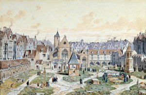 Vista do cemitério dos Inocentes em Paris, em 1550. Aquarela de Theodore Joseph Hubert Hoffbauer (1839-1922) Paris do século XIX, Musee Carnavalet