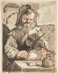 Um violinista, meia figura en face, sentado diante de uma mesa com partituras, um tambor e um copo de Theodor Matham