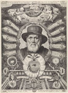 Retrato de Dirck Volckertsz. Coornhert em moldura alegórica de Theodor Matham