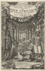 Dois homens e animais selvagens na frente de uma floresta Página de rosto para: Indiae Utriusque, 1658 de Theodor Matham