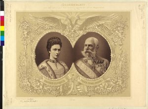 Imperador da Áustria com a família Papel comemorativo da cerimónia de casamento dos 40 anos de idade de Sua Majestade 24. abril de 1854 1894