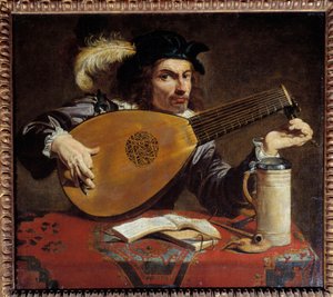 O homem a afinar o seu alaúde. Pintura de Theodore Rombouts (1597 - 1637) Ec. Flam.
