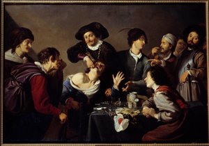 O Removedor de Dentes Um dentista cerca seus assistentes e instrumentos rasga o dente de um paciente. Quadro de Theodore Rombouts