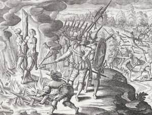 Execução de dois índios Payagua acusados de matar Juan de Ayolas (d.1537) de "Newe Welt und Americanische Historien" de Johann Ludwig Gottfried, publicado por Mattaeus Merian, Frankfurt de Theodor de (after) Bry