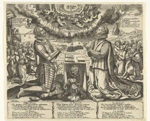 William of Orange e Charlotte of Bourbon ajoelhados na paisagem de Theodor de Bry (attributed to)