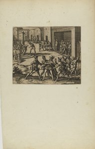 (Jacobus Almagrus a Ferdinando Pizarro Invincula Coniicitur in Carcere....) (do livro Americae, parte seis) de Theodor de Bry