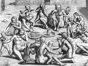 Um caldo é feito a partir dos intestinos: canibalismo dos índios no Novo Mundo (Amazónia), gravura de Theodore de Bry para o livro "Le Voyage au Brezil de Jean de Lery 1556-1558" publicado em 1578