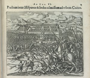 Batalha entre os espanhóis e os índios às portas de Cuzco, 1596. de Theodor de Bry