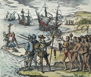 Aterragem de Colombo nas Índias. 1594 (xilogravura)